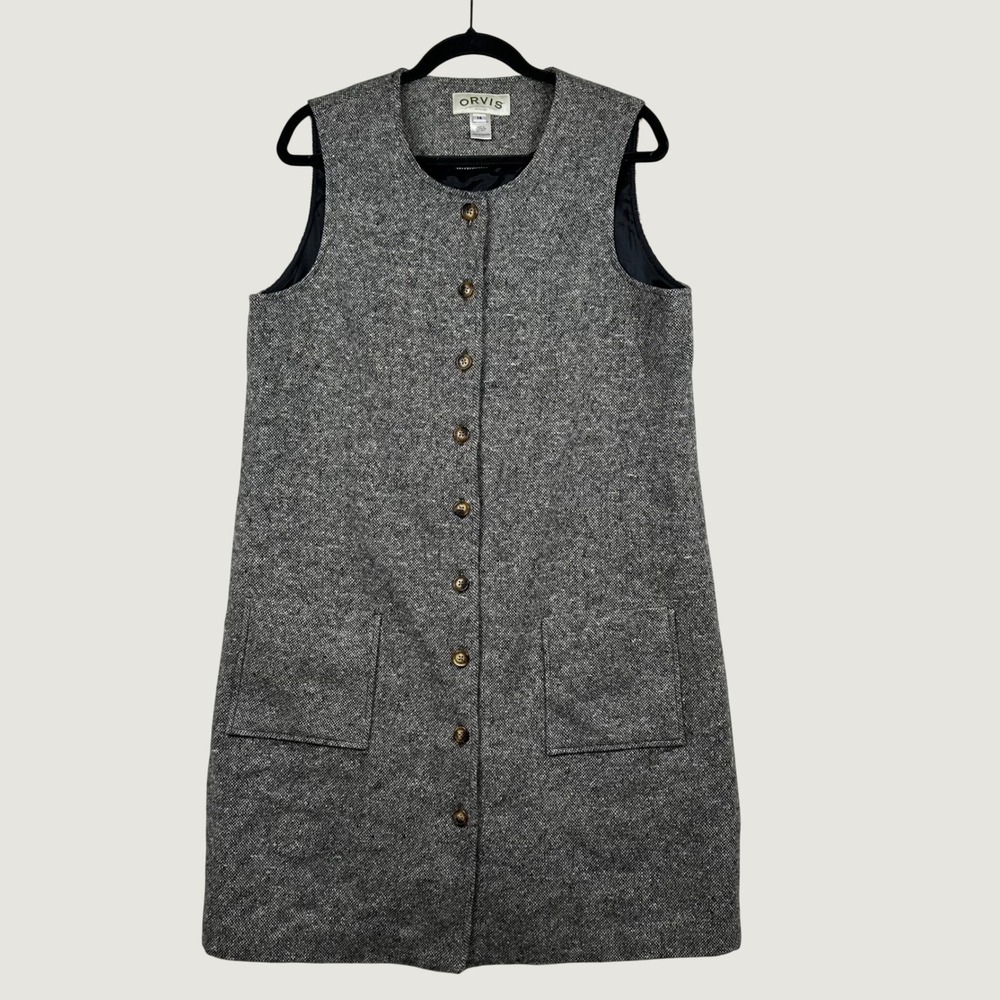 VTG Orvis Wool Button Front Tweed Jumper Dress 14 Long Vest Dark Academia Preppy